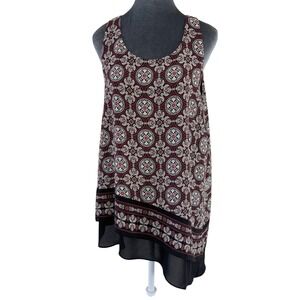 Max Studio Burgundy Boho Chic Eclectic Mosaic Print Asymmetrical Hem Tunic Top L